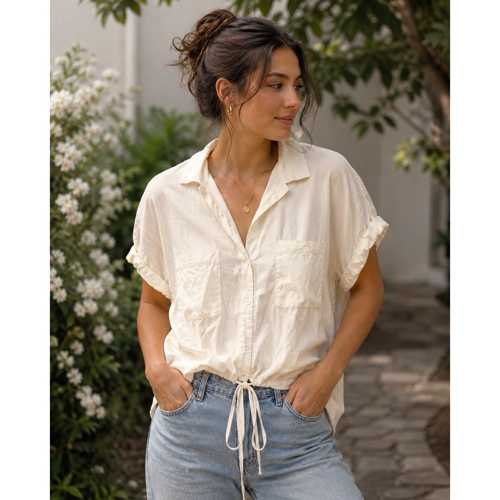 LNA Clothing Button Down Top Womens XL Cream Lyocell Short Sleeve Drawstring Hem